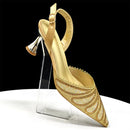 Gold high-heeled shoe with intricate design on a clear stand against a black background, Obroi