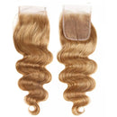 Two blonde hair closures with a clear plastic window on a white background, Obroi