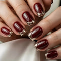 Square fake nails for women girls full cover glitter nail tips brown red leaf design press on nail art
