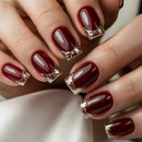Square fake nails for women girls full cover glitter nail tips brown red leaf design press on nail art