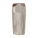 Women Chic Hollow Out Low Waist Apricot Sexy Skirt Summer Ladies Satin Midi Pencil Skirts