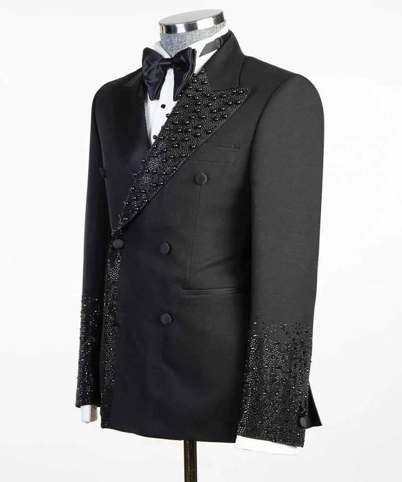 Luxury Men Suits Tailored Blazer Pants Beads Double Breasted Peaked Lapel