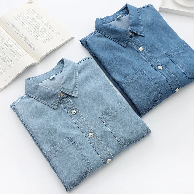 Women Thin Blouse Mercerized Denim Shirt Spring Summer Long Sleeve Lady Loose Tops