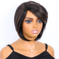Mannequin head with a black and brown wig on a white background, Obroi