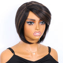 Mannequin head with a black and brown wig on a white background, Obroi