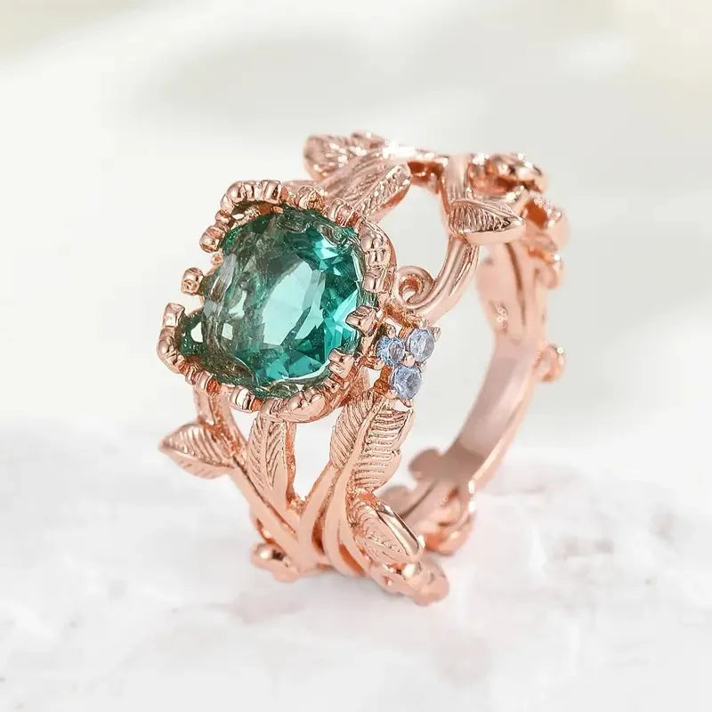 Rings for Women Inlaid with Green Stone Flower Round Personalized Creativity Party Rings Jewelry