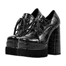 Women Pumps Double Platform Leather Patterned Lace Up Punk Shoes
