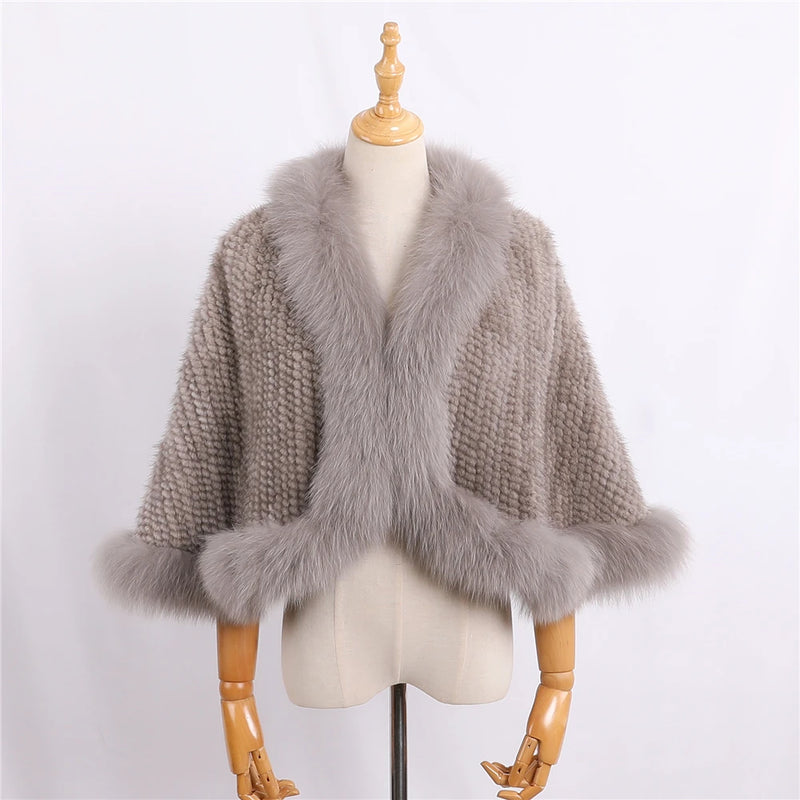 Luxury Genuine Mink Fur Knitted Shawl Wrap Opera Cape Fox fur women Lady mink fur coat Jacket Stole