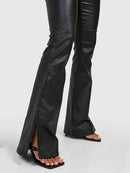 Women Leather Hem Split Flare Pants Lady Slim Trousers