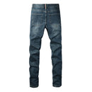 Men High Street Distressed Dark Blue Holes Pattern Slim Fit Jeans Pants