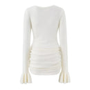 Women Knit Mini Dress Round Neck Flared Side Ruched Bodycon Sweater Dress Autumn