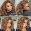 Woman with handmade curly knotless feather extensions in a collage, Obroi