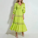 Women Embroidery Flower Lace Patchwork Midi Long Party Dresses Lantern Sleeve Chic