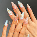 24pcs Ocean Blue Marble Gradient Press on Nails Seashell Starfish Pearl Nail Almond Gold Metal Decor Nail