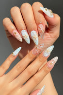 24pcs Ocean Blue Marble Gradient Press on Nails Seashell Starfish Pearl Nail Almond Gold Metal Decor Nail