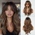 Long Curly Brown White Wigs With Eight Character Bangs For Women Natural Wig