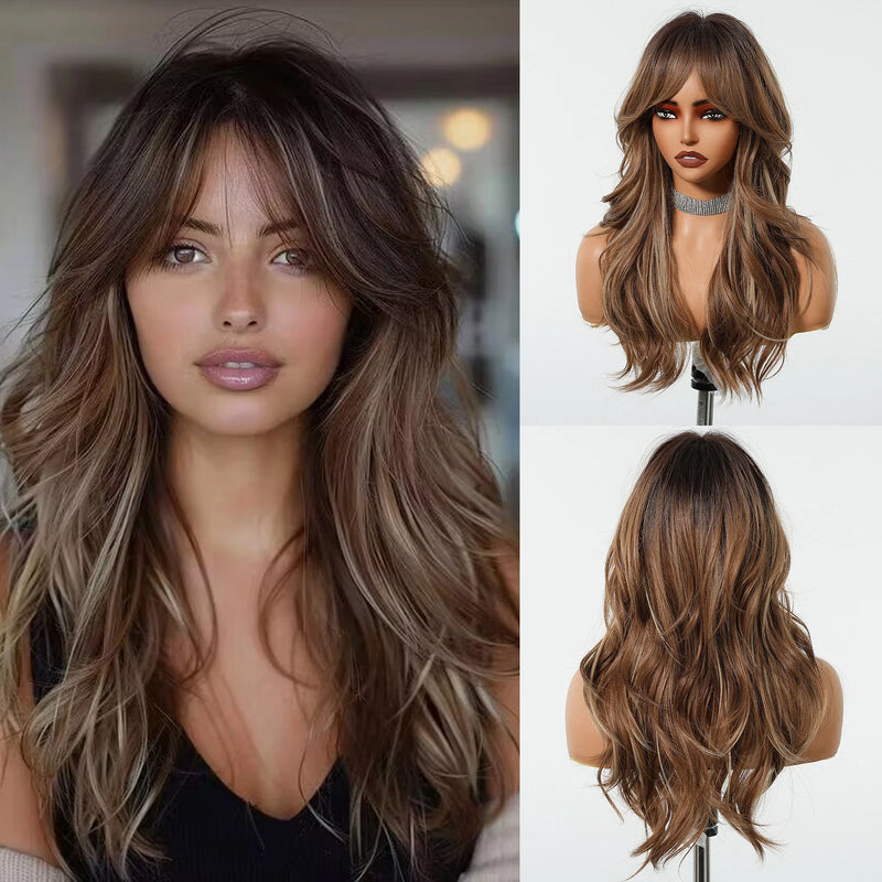 Long Curly Brown White Wigs With Eight Character Bangs For Women Natural Wig
