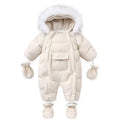 White baby snowsuit with fur hood and mittens on a white background, Obroi