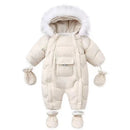 White baby snowsuit with fur hood and mittens on a white background, Obroi