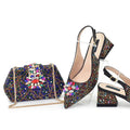 Set of embellished shoes and handbag with 'One Set: Shoes + Bag' text, Obroi