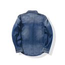 Blue denim shirt on a white background with 'Obroi' branding 