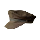 A dark brown military-style cap with a curved visor and a gray band around the crown, shown against a plain white background, Obroi