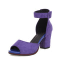 Purple open-toe sandal with a block heel on a white background, Obroi