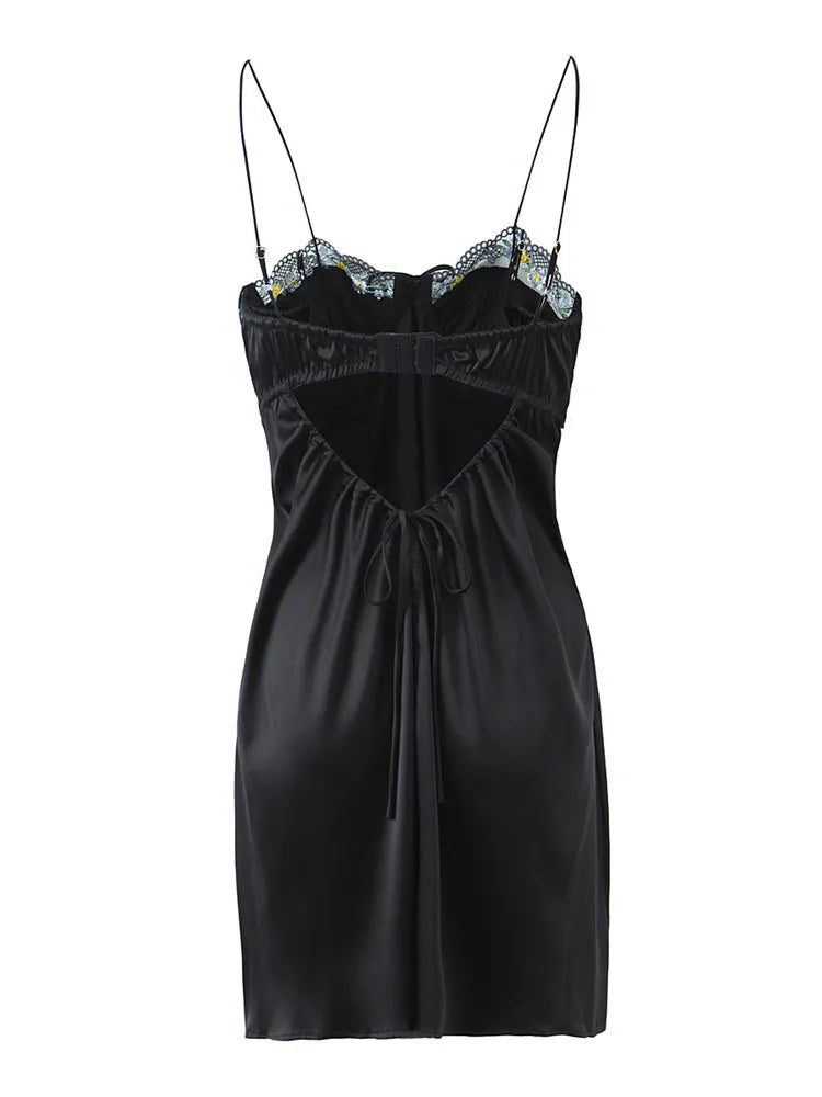 Autumn Mini Strap Dress Women Vintage Casual Floral Embroidery Draped Satin Backless Short Dress Female