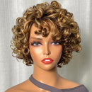 UNice Hair Blonde Curly Wig 100% Human Hair Bouncy Curly Wig with Bangs Open Cap Machine Wigs for Women 8Inch Short Afro Wig