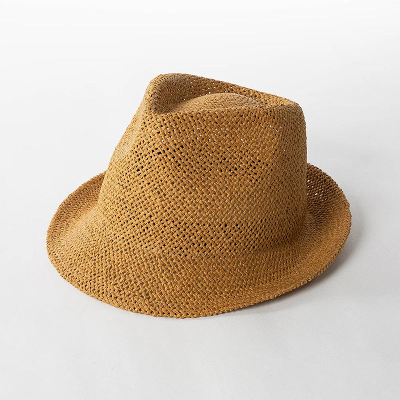 Outdoor Concave Top Short Hat Eaves Jazz Fedora Hollow Weaving Hat Leisure Sunshade Simple Sun Hat
