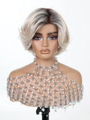 Silver Grey Ombre Short Bob Wig Hand Tied Mono Top Import High Temp Fiber Breathable Adjustable Cap Daily Wig