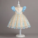 Girls Bubble Sleeves Princess Dress Elegant Girls' Piano Performance Lace Short Dress Embroidered Petal Wedding Party Dress