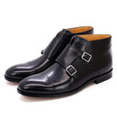 Mens Ankle Boots Genuine Calf Leather Double Buckles Monk Strap Basic Shoes Men Motorcycle Boots