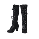 Medieval Victorian Women Knee High Boots Gothic Suede Chunky Heel Lace Up Mid Calf Shoes Cosplay Costume