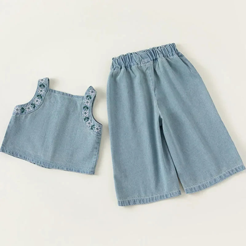 Summer Costume Toddler Girl Clothes Flowers Sleeveless Denim Baby Pants Boutique Kids Clothing