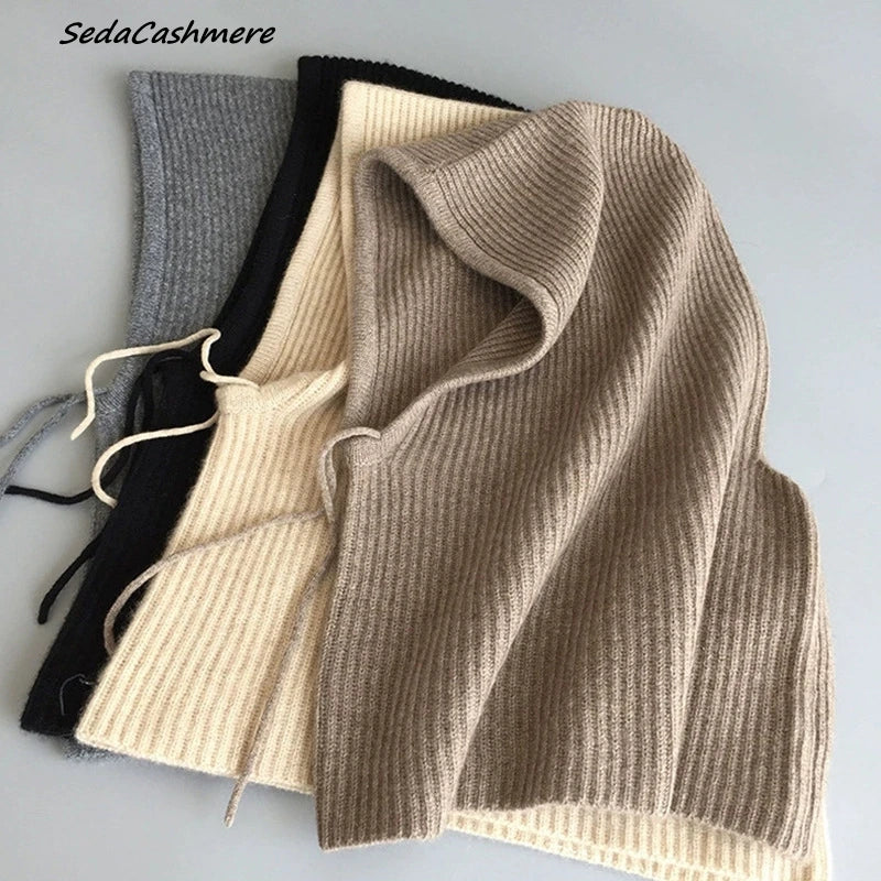 Cashmere hat  Inner cashmere knit drawstring hooded collar