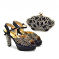 Black high-heeled shoes with gold embellishments and a matching clutch on a white background, Obroi