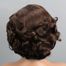 A woman's styled updo wig with dark brown, glossy, curly and wavy curls, shown from the back on a model against a light gray background. The brand name 'Obroi' is visible in the top left corner.