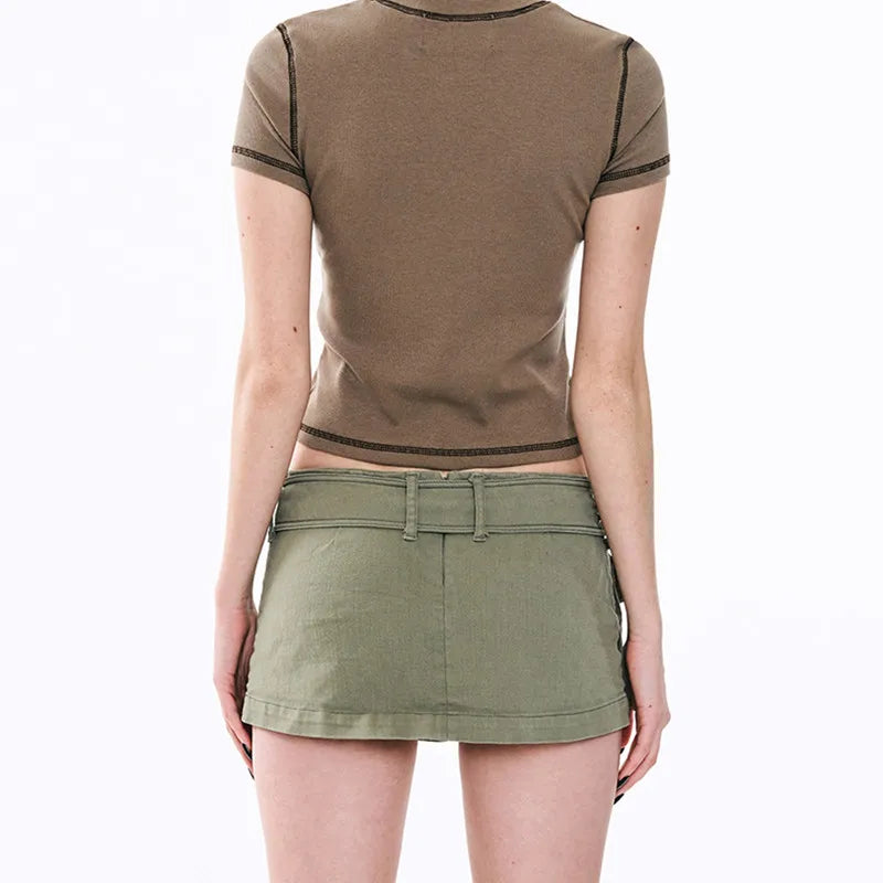 Mini Cargo Skirt Sexy Women Metal Eyelets Buckle Belt Side Double Pockets Hem Hot Skirts