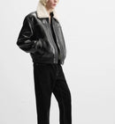 European and American men retro lapel collar fur integrated thermal jacket leather jacket