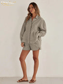 Linen Piece Sets Women Outfit Elegant Long Sleeve Shirt With High Waist Shorts Set Female