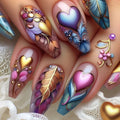 Colorful nail art design with hearts, flowers, and feathers on a neutral background, Obroi