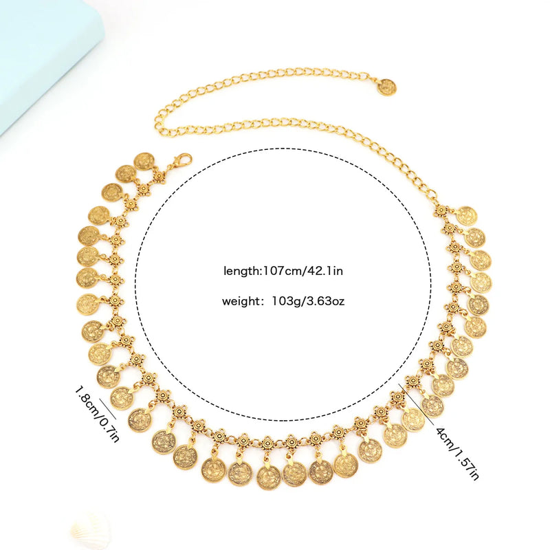 Cross border Retro Disc Tassel Coin Waist Chain Women Decorative Belt for Dress