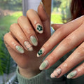 Flowers Silver Lines Wearable Nail Art Short Round False Nails Detachable Finished Fake Nails Press on Nails