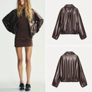Brown leather jacket displayed on a person and shown from multiple angles against a white background, Obroi