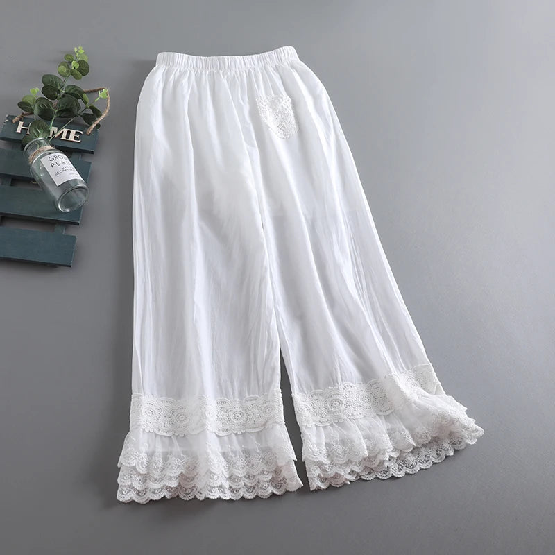 Summer Style Mori Girl Solid Cotton Lace Pants Loose Casual Women Cropped trousers