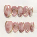 10Pcs Simple French Handmade Nail Set Full Cover Pink Golden Stripes Stick on Nails Short Oval Removable Nail
