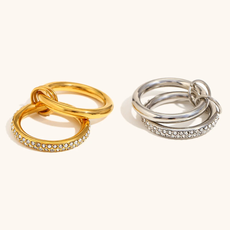 Stainless Steel White Cubic Zirconia Inlaid Double Layer Ring Waterproof Jewelry Gifts