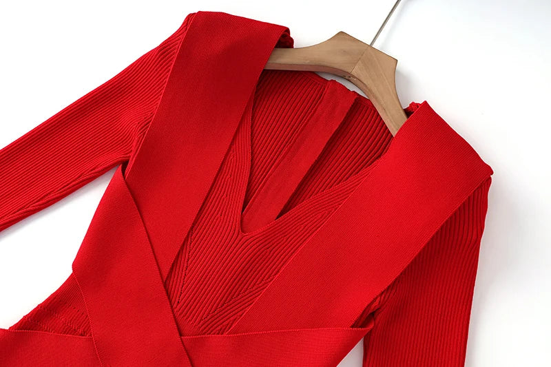 Christmas Year Red Women Long Knitted Dress Wrapped Waist Bodycon Clothing