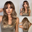 Long Straight Layered Wigs Blonde Platinum Highlight Wig with Bangs Cosplay Daily Use Natural Hair Wig for Women